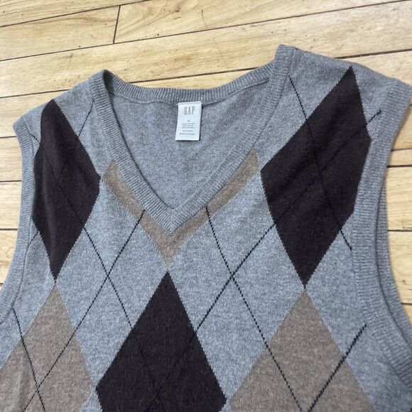 GAP Argyle Sweater Vest Wool Blend Men S Gray Brown Knit V Neck Pullover S 38" - Picture 4 of 16